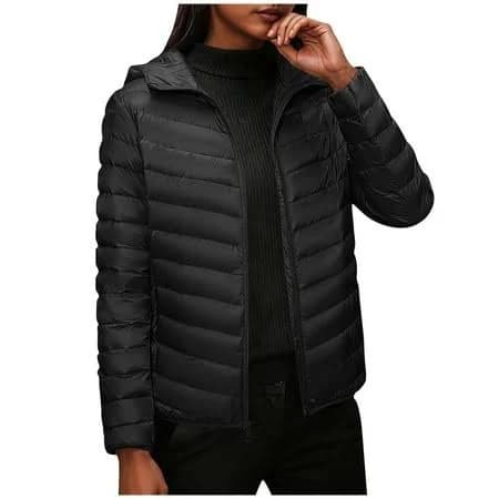 Jewelreauty Womens Quilted Jacket Lightweight Full Zip Up Hooded Down Coat Long Sleeve Warm Winter Outerwear with Pockets