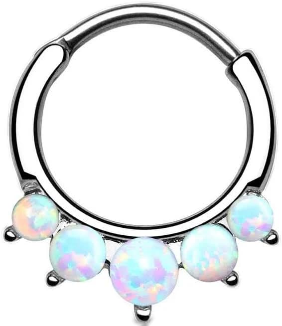316L Surgical Steel Curved Septum Ring Clicker with 5 Opal Gems