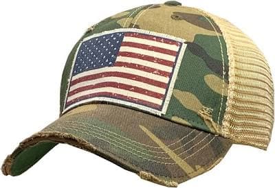 American Flag USA Distressed Camo Trucker Baseball Cap