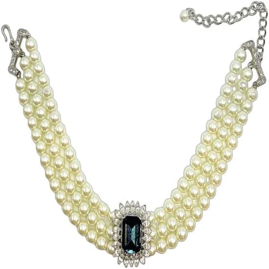 3- Row Pearl Choker with Sapphire and Crystal Center