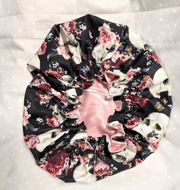 Reversible Satin Bonnet with Skull Roses