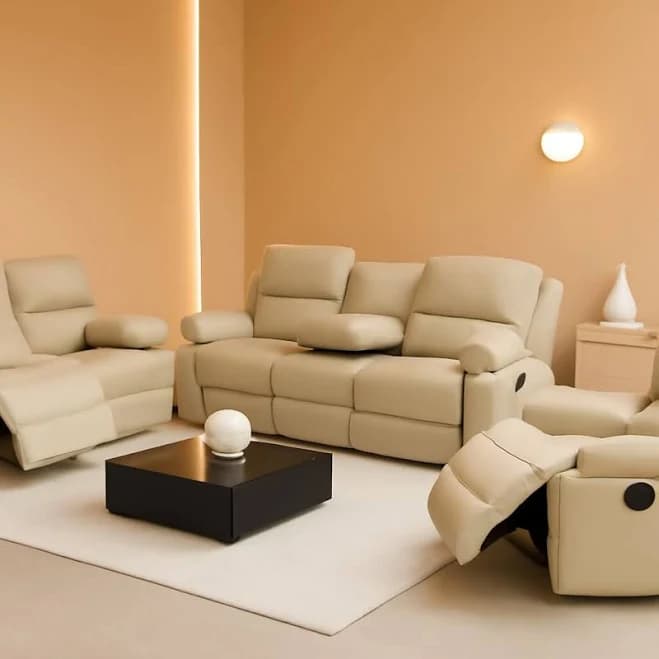 Beige 3 Piece Manual Recliner Sofa Set with Cup Holders