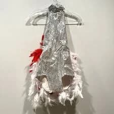Silver Sequin Showgirl Leotard Dance Costume Removable Red Feathers Adult Small