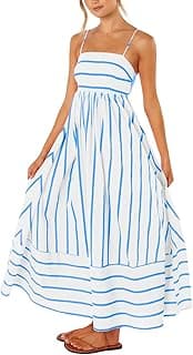 Women's Striped Back Smocked Maxi Dress Sexy Spaghetti Strap Cut Out Flowy Swing Long Dress