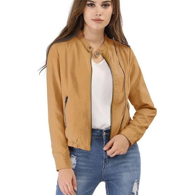 Women's Lightweight Stand Collar Zip up Biker Moto Jacket, Size: Medium, Khaki