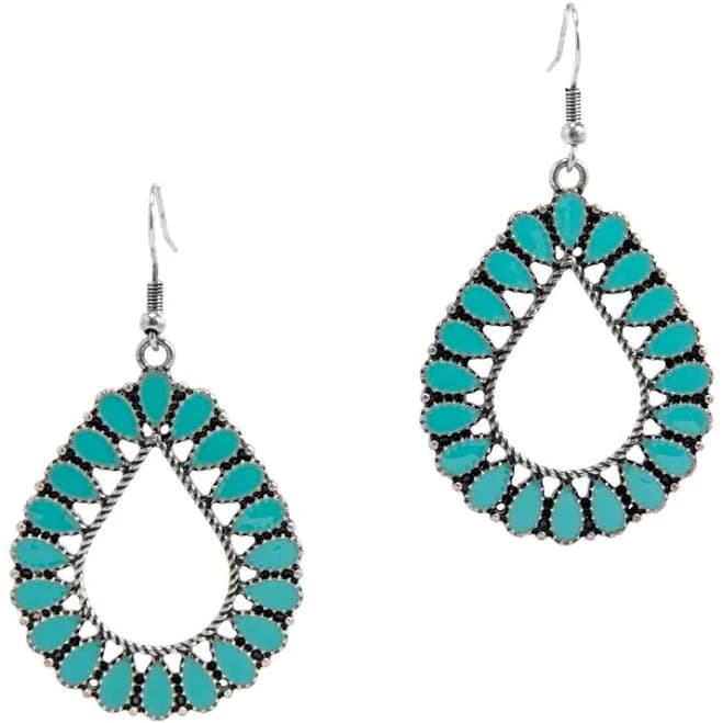 Western Turquoise Teardrop Dangle Earrings in Silver