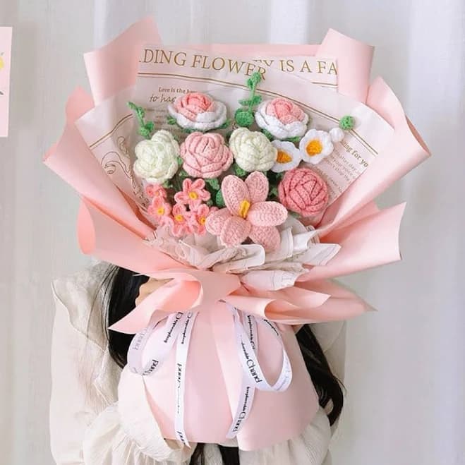 Handmade Crocheted Rose Bouquet with Lilies, Eucalyptus, Tulips, Forget-