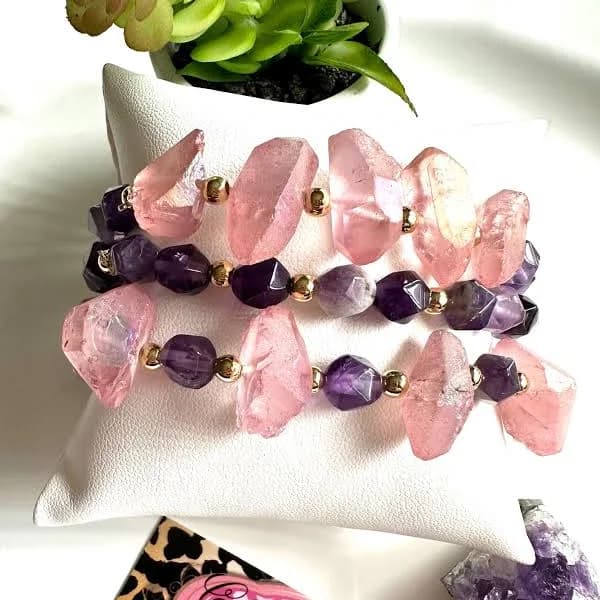 Amethyst and Aura Pink Quartz Bracelets Set