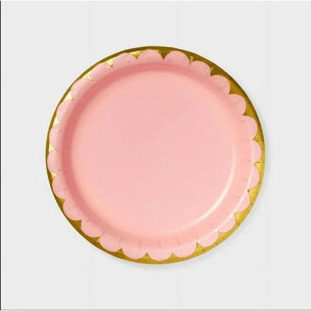 HEIPINIUYE 50 Pieces Light Pink Paper Plates with Gold Foil 7 Inch Disposable Pink Scalloped Dinner Plates for Wedding Baby Shower Birthday Party Dessert Plate