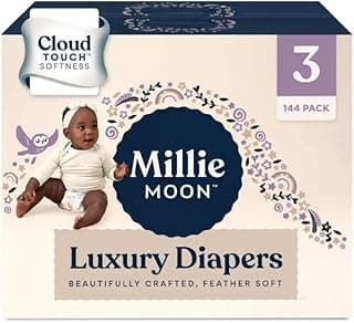 Millie Moon Luxury Diapers, Size 3, 144 Pack, Cloud Touch Softness, 12 Hour Absorbency, Feather Soft