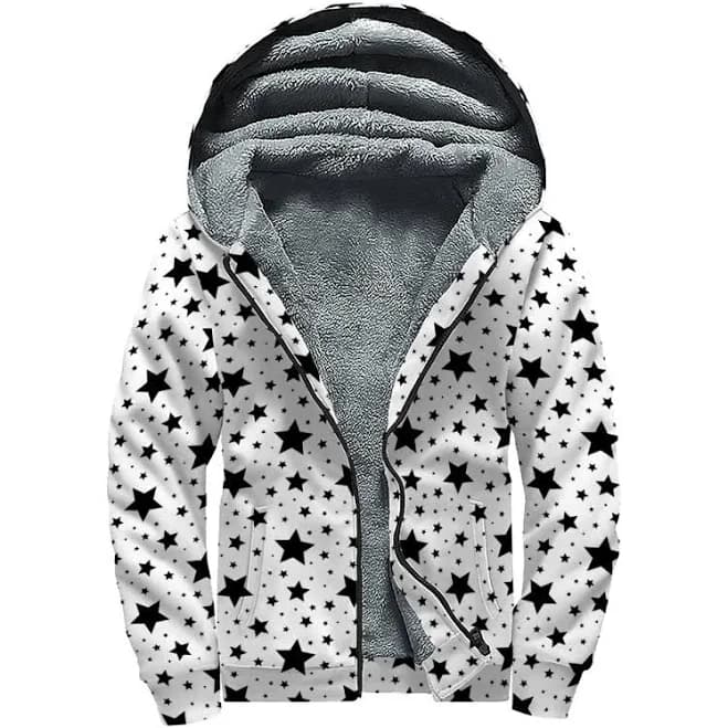 Star Pattern Print Sherpa Lined Zip Up Hoodie