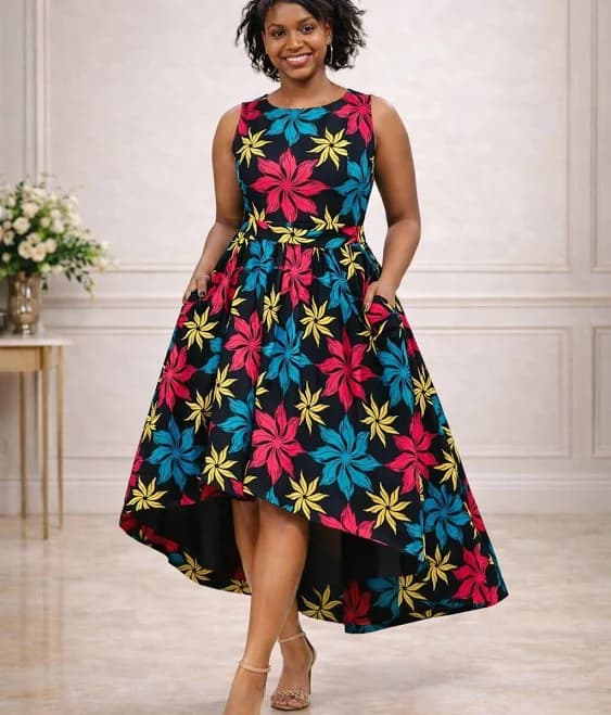 African Print Ankara Dip Hem Cotton Flare Midi Dress