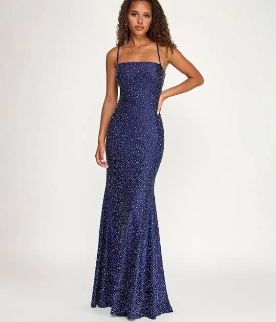 City Studios Juniors' Glitter Satin Square Neck Gown