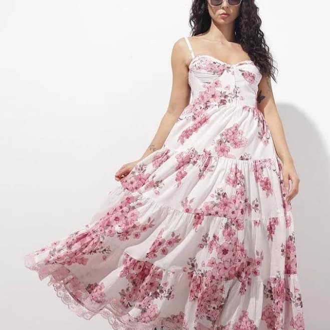 Women's Boho Floral Cotton Spaghetti Strap Tiered Maxi Dress