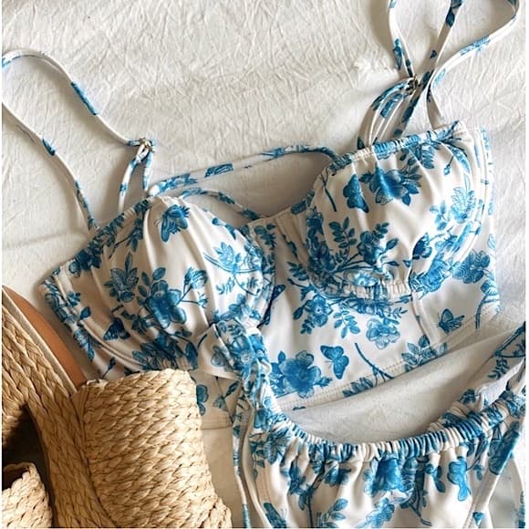 wild fable | Swim | Wild Fable Corset Bikini Longline Blue Cream Floral Print Tie Back Bikini Top | Poshmark