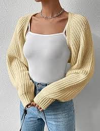 SECRETEYARD Women's Long Sleeve Open Front Knitted Crop Cardigan Drop Shoulder Knit Christmas Shrug Beige at Amazon Women's Clothing store