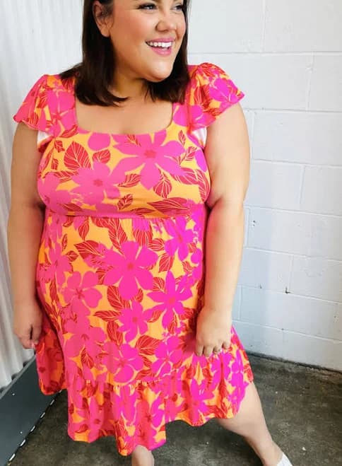 Tropical Floral Square Neck Dress