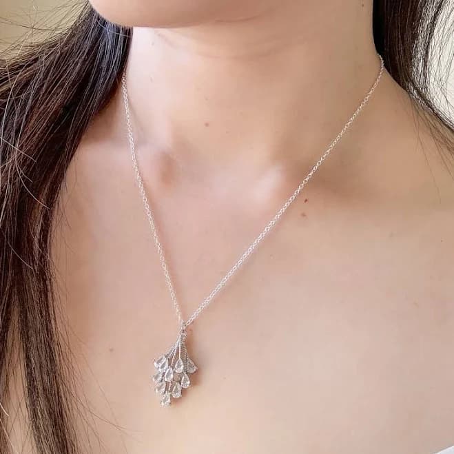 Dainty Silver Flower Burst Pendant Necklace with Diamond Cluster