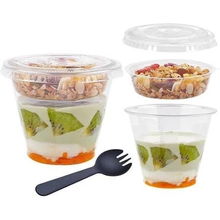 50 Pack 9 oz Disposable Parfait Cups with Lids No Hole, Toppings Compartment and Spork, Yogurt Conatiner with Granola Holder for Take Away Breakfast