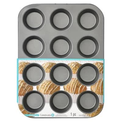 12-Cup Muffin Pan by Celebrate It in Silver | Standard | Michaels | Non-stick surface | Dishwasher safe | 5-year limited warranty