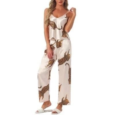 Inspire Chic Women's Leopard Satin V-Neck Spaghetti Pajama Set