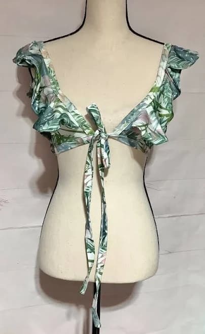 Pretty Little Thing Sz 2 Palm Leaf Leaves Tie Front Ruffle Bikini Swim