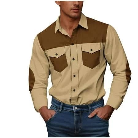 Men's Loose Fit Long Sleeve Color Block Cargo Shirt