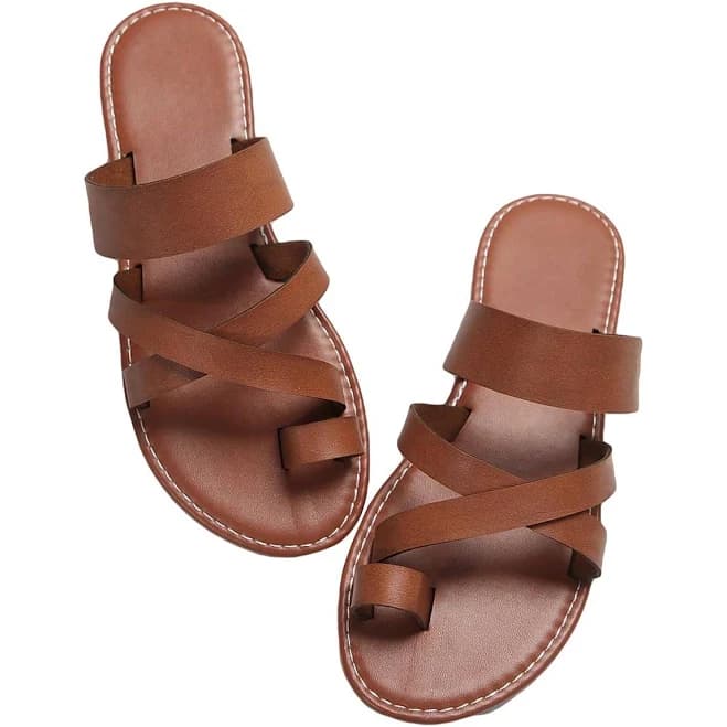GORGLITTER Women's Cross Strappy Leather Slide Sandals