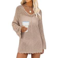Women's V Neck Batwing Half Sleeve Shirts Casual Crochet Hollow Out Knit Tops Waffle Knit Loose Blouse Beach Coverup Beige at Amazon Women's Clothing store