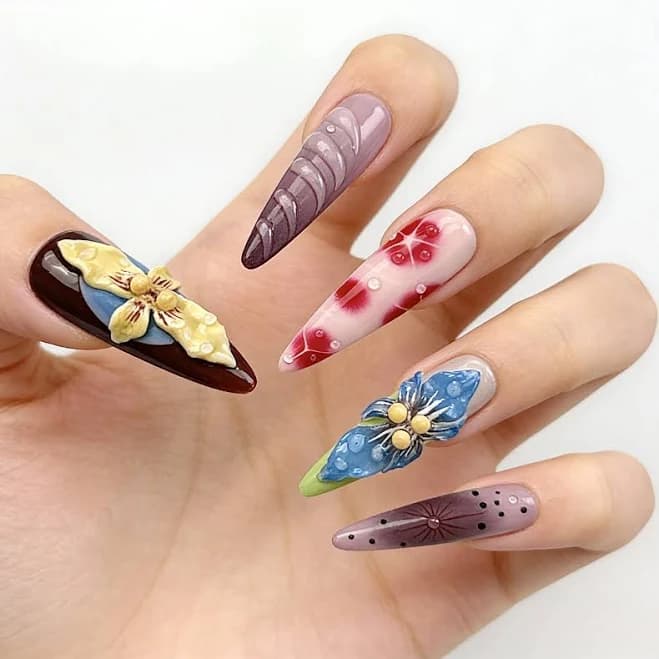 Long Stiletto 3d Flower Press On Nails, Colorful Artistic Handcrafted
