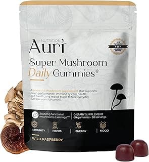 Auri Nutrition Super Mushroom Daily Gummies – All-in-One Functional Gummy with 12 Mushroom Blend Including Lion’s Mane, Reishi, Chaga & Cordyceps – 60 Gummies