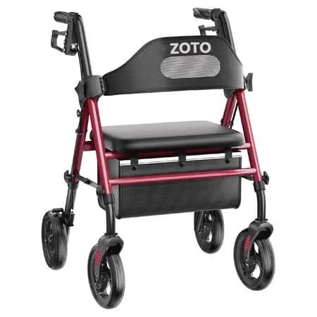 Zoto Foldable Rollator Walker with Seat for Seniors, Height Adjustable Lightweight Rolling Walker with Sturdy Reinforced Carbon Steel Frame, Red (vr2-