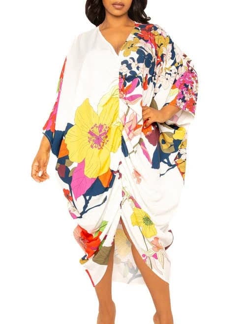 Buxom Couture Women's Plus Size Printed Cinch Waist Kaftan Dress