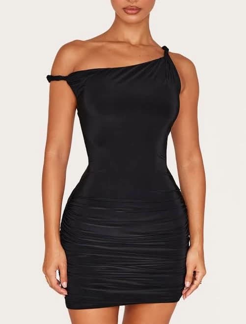 Petite Double Slinky Asymmetric Neckline Twist Mini Dress