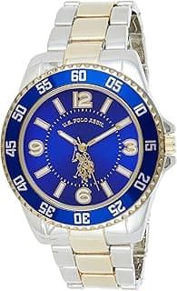 U.S. Polo Assn. Men's Two-Tone Watch with Royal Blue Dial and Fold-Over Clasp – Gold and Silver Metal Bracelet Quartz Analog Timepiece Fits Wrists 5.5"-8" with 45mm Case