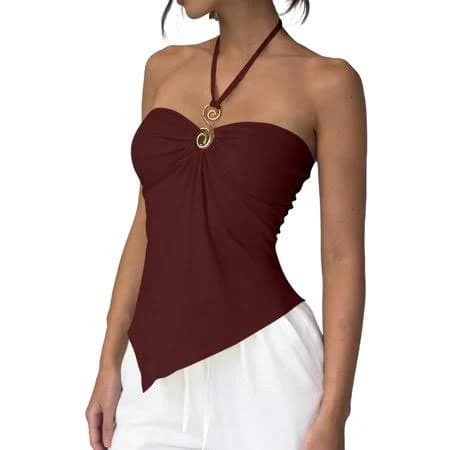 Women's Halter Neck Tube Tank Tops with Metal Ring Decor
