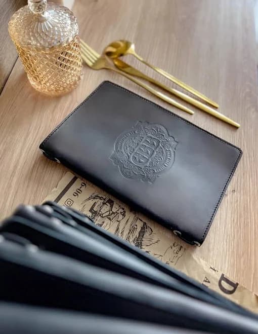 Personalized Leather Menu Cover - Custom Logo Embossed Restaurant Folder