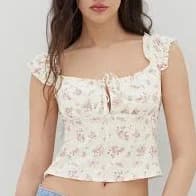 CIDER Women's Woven Ditsy Floral Knotted Lettuce Trim Crop Tank Top Casual