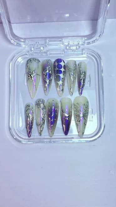 Iridescent Chrome Press On Nails - Long Stiletto UV Aurora Nails with 3D Silver Art - Futuristic Reusable False Nails for Statement Look
