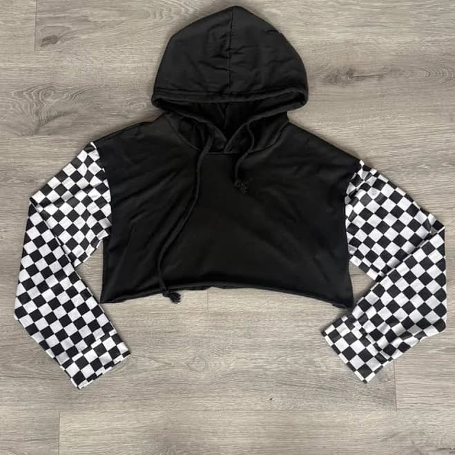 Women's Cropped Checkered Fleece Hoodie