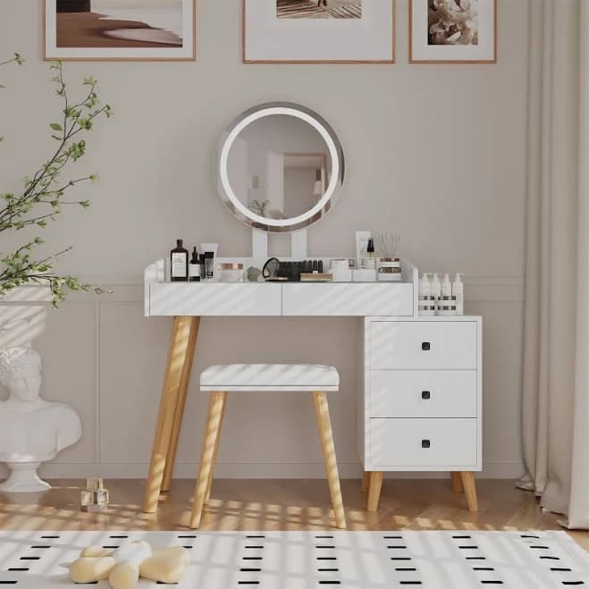 Vastcury Makeup Vanity Desk Set with Round Mirror and LED Light, Modern Vanity with Glass Top and 5 Drawers for Bedroom