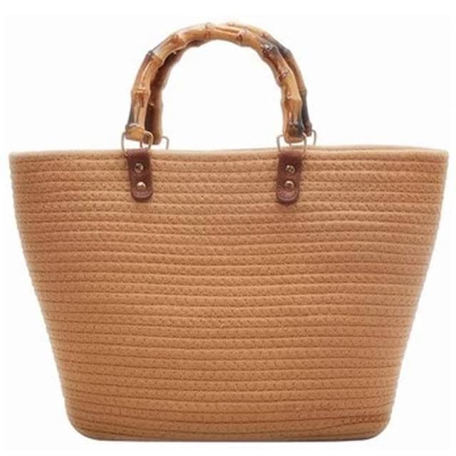 Bamboo Round Handle Straw Bucket Tote Bag