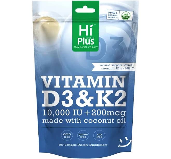 HiPlus Vitamin D3 & K2 | 10,000 IU + 200 mcg, Immune Support & Bone Health, Made with Coconut Oil,300 Softgels Natural Extra Strength Calcium