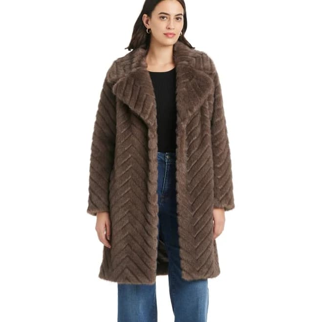 JONES NEW YORK Women's Chevron Faux-Fur Coat