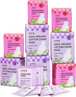 Pixie Organic Cotton Pad Kit for Girls – 64ct Mini & 48ct Regular Pads with Wipes – Leak-Proof with Wings – Perfect for Teens & Light to Average Flow