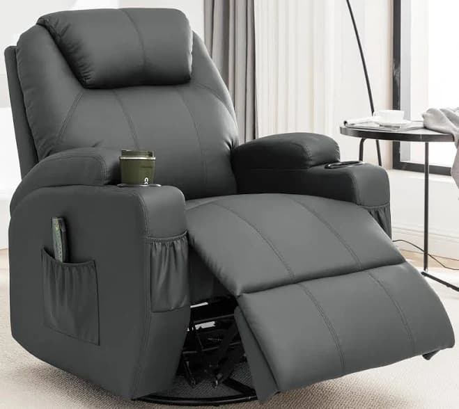 360° Swivel Recliner Chairs Rocker Manual Recliner Massage Heat Remote Control Cupholders Livingroom Grey