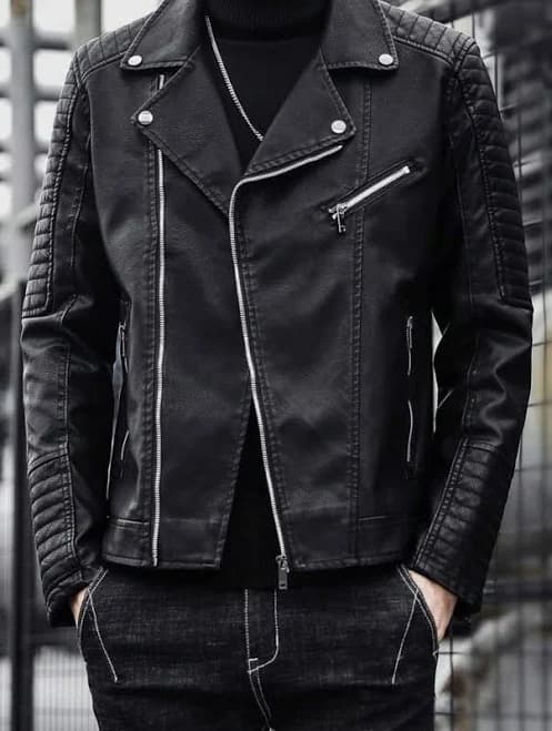 Men Zip Up Patent Moto Jacket Leather