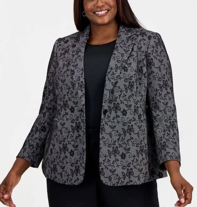 Kasper Plus Size Floral Print One-Button Blazer