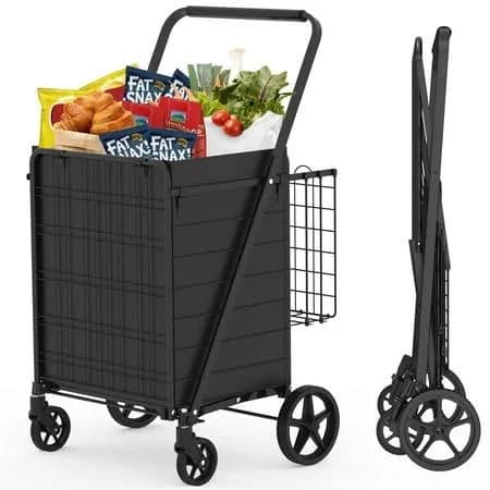 Double Basket Grocery Cart - Heavy Duty Folding Shopping Wagon with 360 Wheels for Costco & Laundry, Black