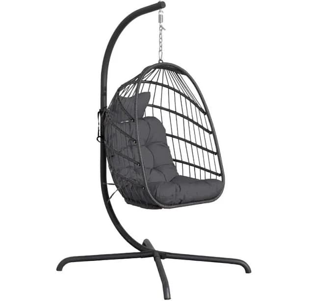 FINCATI Foldable 350LBS 1-Person Wicker Porch Swing with Stand and Dark Gray Cushion